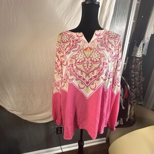 Belle Boho Kim Gravel XL Pink Paisley Tunic Top Long Sleeve V Neck Bohemian